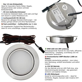 LED Recessed Spotlight Furniture 12 V 3 W - Set of 5 with Transformer, Wiring Harness & Power Plug - Plug & Play Spotlights Warm White 3000K - Diameter 65 mm, 55-60 mm Installation Hole - Flat LED