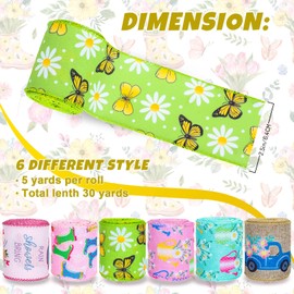 Whaline 30 Yards Spring Wired Edge Ribbon 6 Roll Colorful Butterfly Flower Truck Watering Can Boots Patterned Fabric Ribbon Spring Decorative Craft Ribbon for Gift Wrapping Hair Bow Sewing Wreath