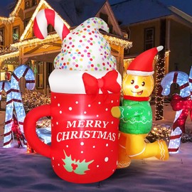 QEOIYDE 4.5FT Christmas Inflatable Ice Cream Cups with Gingerbread Men - Merry Christmas Printed Blow Up Decoration for Holiday, Party, Winter Festive Display Indoors and Outdoors Lawn, Yard, Garden