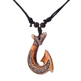 coadipress Hawaiian Fish Hook Pendant Necklace Vintage Maui Beach Sufer Maori Tribal Necklace Hemp Cord Adjustable Chain Protection Amulet Tortoise Shark Necklaces for Men Women (Brown Stripe)