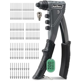 Kerry One-Handed Rivet Gun, 3/32" 1/8" 5/32" 3/16" Pop Rivet Gun Set, Manual Riveting Tool with 9.6" Extended Handle, 200 Rivets, 4 Tool-Free Interchangeable Heads, Profeesional Hand Riveter