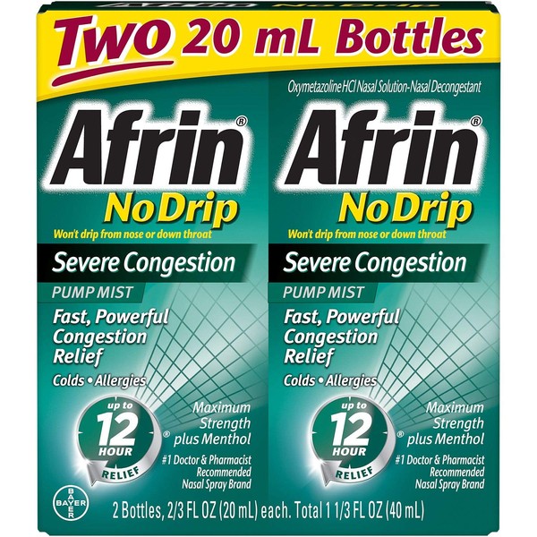Afrin No Drip 12-Hour Pump Mist, Severe Congestion - 2 Pumps Each 2/3 Oz - Total 1.33 Oz