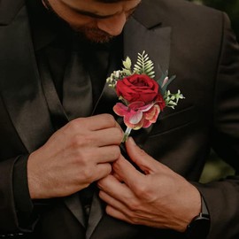 Latious Wedding Flower Boutonniere Red Groom Rose Buttonholes Men's Boutineer Party Suit Decoration Prom Anniversary Accessories for Groomsmans and Man (A-Red)