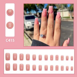 Valentine's Day Press on Nails Pink French Tip Fake Nails Full Cover Hearts Stars Holiday False Nails Short Square Acrylic Nails Stick on Nails Glossy Glue on Nails for Women Romantic Nail Decorations