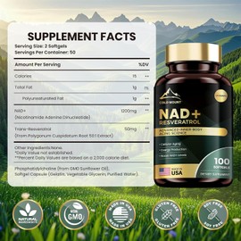 Liposomal NAD+ Supplement 1200mg with Trans Resveratrol - Boost NAD+ Levels, Energy & Anti-Aging Support - Vegan, 100 Softgels