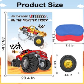 WNINK Pin The Wheels On The Monster Truck Games, Pin The Tail Game Truck Birthday Game with 32 Tyres Stickers, 2 Blindfolds for Car Theme Birthday Party Baby Showe Game Monster Truck Party Gifts