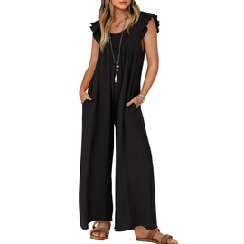 ZESICA Women's 2024 Summer Loose Jumpsuit Casual V Neck Sleeveless Oversized Wide Leg Pant Overalls Romper with Pockets,Black,Medium