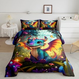 Cartoon Dragon Bedding Set Queen Size Polka Dot Mushroom Comforter Set for Kids Teens Room Decor Cute Western Dragon Duvet Insert Fantasy Jungle Butterfly Down Comforter Set,3Pcs