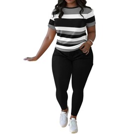 HBQ Women 2 Piece Outfits Summer Short Sleeve Stripe Tops and Bodycon Pants Tracksuits Biker Workout Jogger Sets L