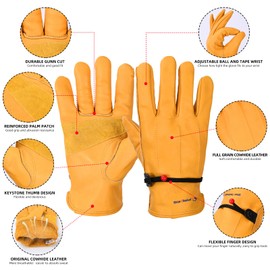 PROSG Cowhide Leather Work Gloves Gardening Gloves with Leather Palm Patch Perfect for Driving/Cutting/Construction/Motorcycle, Men & Women 1 Pair (XL, Golden)