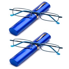 2 Packs Pocket Readers Ultra Slim Compact Reading Glasses Spring Temple w/Portable Pocket Clip Aluminum Case Blue +3.25