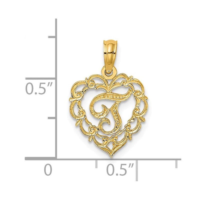 Solid 14k Yellow Gold T Script Initial Letter In Heart