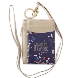 Christian Art Gifts Taupe Floral Faux Leather Zip ID Case Card Holder Scripture Keychain Slim Front Pocket Wallet with Bible Verse: Seek First - Matt. 6:33 for Women with Detachable Lanyard Neck Strap
