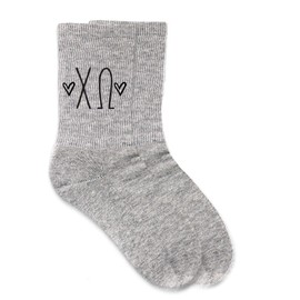 sockprints Chi Omega - Sorority Greek Letters with Hearts - Heather Gray Crew Socks