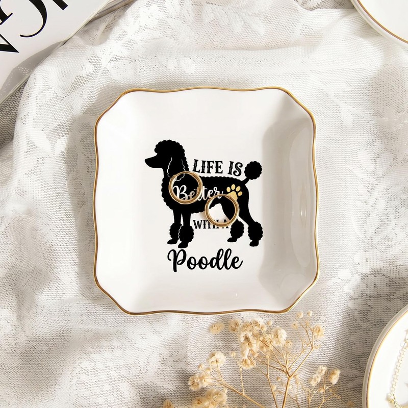 Pininerr Poodle Ceramic Jewelry Tray, Decorative Trinket Dish 4.33"