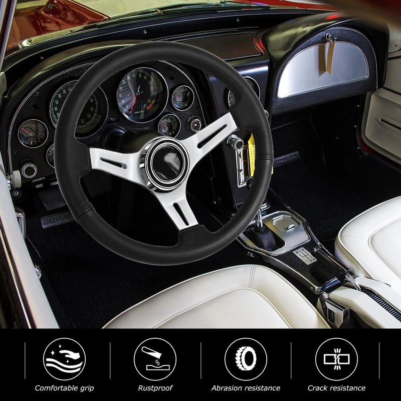 QYMOPAY 14"Racing Steering Wheel, Perforated Leather Trim Stitch Steering Wheel