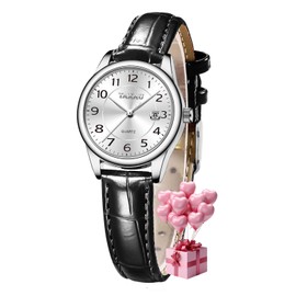 Taxau Womens Watches Dress Watches for Women Analog Watch Lady Watch with Date for Small Wrist Waterproof Watch with Number Black Leather Band Silver Face for Elderly reloj de Mujer