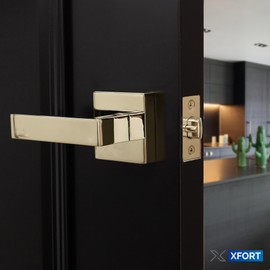 XFORT Quad Passage Knob Set Polished Brass, Door Knob for Internal Wooden Doors, Complete Set with Tubular Latch