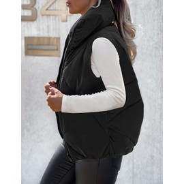 MEROKEETY Womens Puffer Vest Sleeveless Zip Up Quilted Coat Lightweight Stand Collar Gilet Jacket With Pockets Black Large