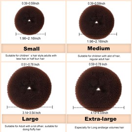 Donut Hair Bun Maker Set - 4 Rings (1 Extra-Large, 1 Large, 1 Medium, 1 Small), 20 Hair Nets(12inch, 24inch), 5 Elastic Bands, 40 Hair Pins, Dark Brown