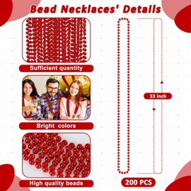 200 PCS Bead Necklace, 33 IN Red Mardi Gras Beads, Mardi Gras Party Costume Accessories, Parade Throws Beads Bulk for Christmas Pirate Wedding Baby Shower Party Supplies Decor