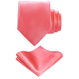 TIE G Solid Satin Color Formal Necktie and Pocket Square Sets in Gift Box (Coral)