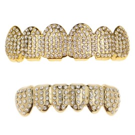 14k Gold Plated Grillz Set Iced Bling Micro Pave Top and Bottom Teeth Hip Hop Mouth Grills