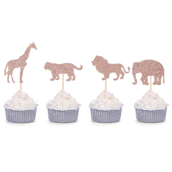 24 unidades de oro rosa con purpurina para decoración de cupcakes, diseño de elefante, jirafa, león tigre para baby shower, cumpleaños, fiesta de cumpleaños
