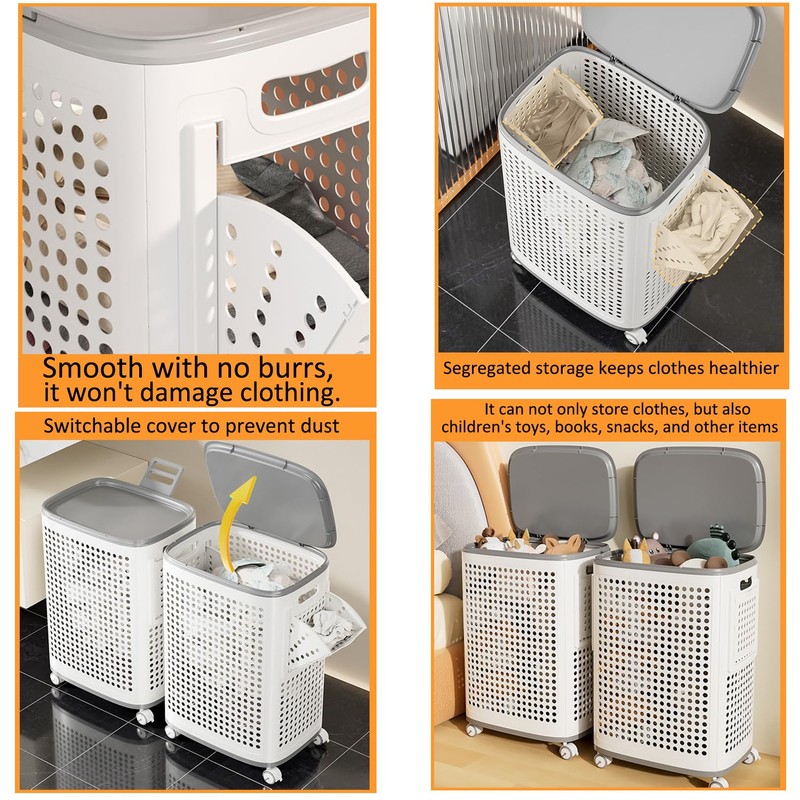 WESAPPINC Rolling Laundry Hamper with Lid, 70L Perforated Plastic Basket