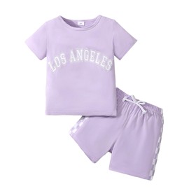 Dorbee Toddler Girl Summer Outfits Girls Fashion Kids Clothes Plaid Print and School Girl Outfit, Purple, 5-6 Years