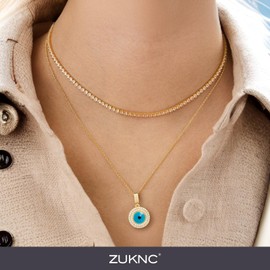 Evil Eye Necklace for Women - 14K Gold Plated Evil Eye Charm with Round Mother-of-Pearl & Turquoise, Cubic Zirconia | 18“-20” Adjustable Chain | Stocking Stuffers, Anniversary, Birthday Gifts for Her (Style 5)