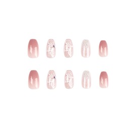 24PCS Medium False Nails with Glue Stickers,Coffin Pink Gradient Full Cover Acrylic Nails Press on Nails no Glue,Butterfly Newmond French Fake Nails Stick on Nails for Women and Girls Nail Art.