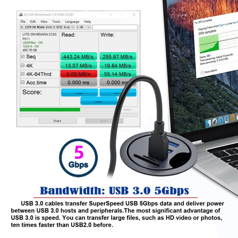 chenyang USB 3.0 Flush-Mounted Desktop Hub, 2 USB 3.0 Port/1