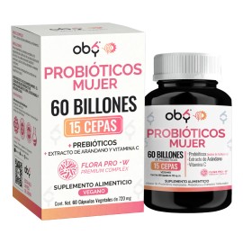 Probioticos Mujer 60 Billion 15 Cepas + Prebióticos + Arándano + Inulina Achicoria | Oby Probioticos Vaginales, Intestinal, Urinario | Probioticos Femeninos + Candida Cleanse Flora | Vitaminas 60 caps