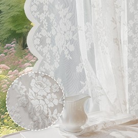 Anmao Vintage Lace Curtains 45 Inches Long 2 Panels, Romantic Elegant Light Filtering Semi Sheer Floral Thick Lacy Curtain Drapes for Living Room and Bedroom, Each Panel 55W x 45L, White Rose