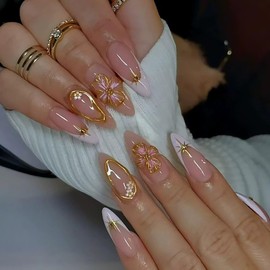 Almond Shape Press on Nails Medium French Press on Nails with 3D Flower Designs Flower Fake Nails Nude Pink Acrylic Nails Full Cover Spring Summer Almond False Nails Stick on Nails for Women 24PCS