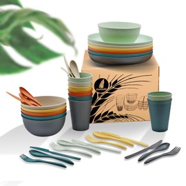 36Pcs Wheat Straw Plates and Bowls Sets, Wheat Straw Dinnerware Sets for 6 with Plates, Cups, Knives, Forks and Spoons Reusable Plates Set Dishes Set Dishwasher and Microwave Safe Plates