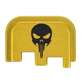 NDZ Performance Slide Cover Back Plate for CZ P10 Models P10 S, P10 SC, P10 C, & P10 F, Gold Anodized Aluminum W/Black Laser Engraved Skull Image - NDZ Skull 1