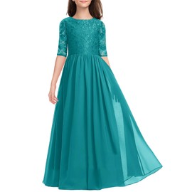 HOSIKA Girls Elegant Vintage Lace Chiffon A-line Wedding Party Princess Maxi Junior Bridesmaid Dress Teal 12-13 Years