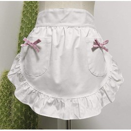 CRB Fashion Waist Apron Kitchen Cooking Restaurant 100% Cotton Bistro Half Aprons with Pockets For Girl Woman, White Pink, One Size
