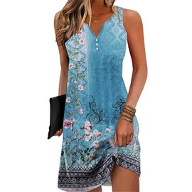 Disamer Womens Summer Dress 2025 Casual Button Down V Neck Sleeveless Boho Floral Beach Sundresses Vacation A-Line Dresses,Flower Wallpaper Blue,XX-Large
