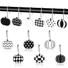 MALLMALL6 Pumpkin Shower Curtain Hooks - 12Pcs Fall Decorative Hangers Metal Rustproof Bathroom Autumn Harvest Thanksgiving Decor Accessories with Black & White Polka Wavy Stainless Curtains Rings