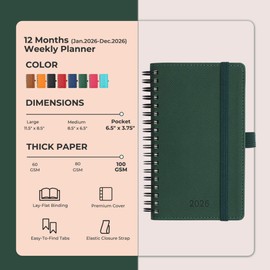 IN-LUXPRO Planner 2026 Daily Weekly and Monthly,6.5"x3.75",12 Months Spiral Bound Calendar Agenda with Self-adhesive Pen Holder,2026 Appointment Book with Vegan Leather Soft Cover,Green
