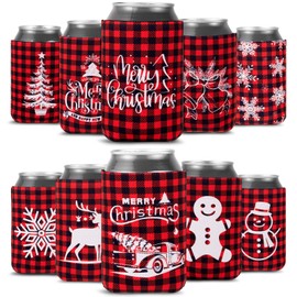 Whaline 12pcs Christmas Beer Can Coolers Sleeves Red Black Plaid Can Sleeves Can Covers for Beverages, Bottle, Drink Christmas Party Decorations Supplies, Gingerbread Xmas Tree Snowflake