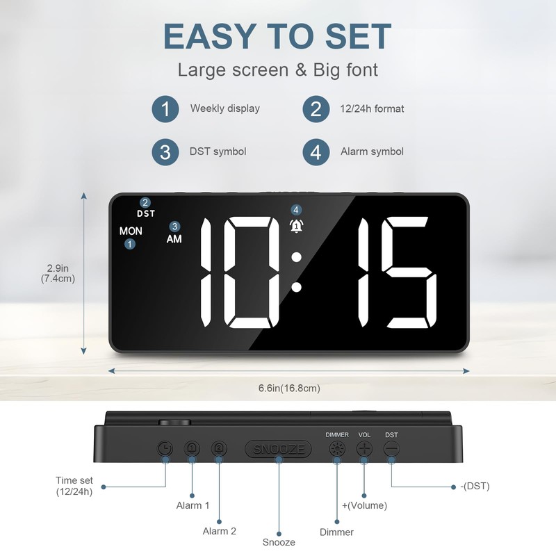 Ankilo Digitaler Wecker, Schlafzimmer Wecker, Große LED-Anzeige Nachttisch Wecker, Plug-in