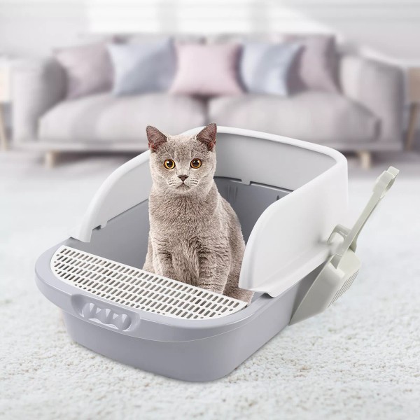Cat Litter Box Anti-splashing Semi-closed Cats Toilet, Grey