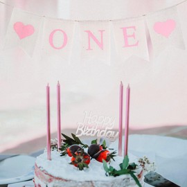 Burlap One Banner for 1st Birthday - Prestrung Pink One Year Birthday High Chair Banner, First Birthday Party Decorations for Girl
