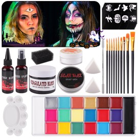 EBANKU Professional Face Body Paint Kit,Special Effects SFX Makeup Set 20 Colors Oil Face&Body Paint Kit with 10 Size Brushes 6PCS Reusable Face Stencils Kids and Adults Halloween Makeup Cosplay