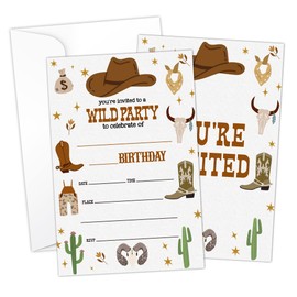 HOUSPEAK Wild West Modern Birthday Fill-in Invitations Cards with Envelopes (20 Count)，Cowboy Rodeo Birthday Party Supplies Decorations, Birthday invites for Boys/Girls - A60