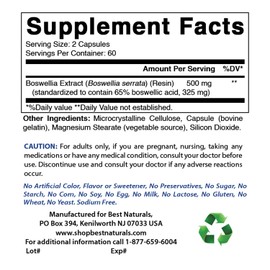 Best Naturals Boswellia 250 mg 120 Capsules - Standardized to 65% Boswellic acid